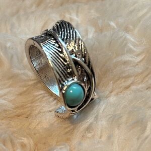 Silver Feather Ring with Turquoise Accent
